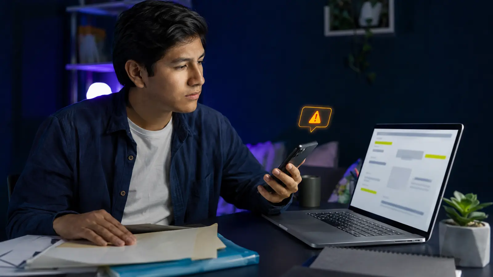 Estudiante verificando un mensaje sospechoso antes de compartir documentos