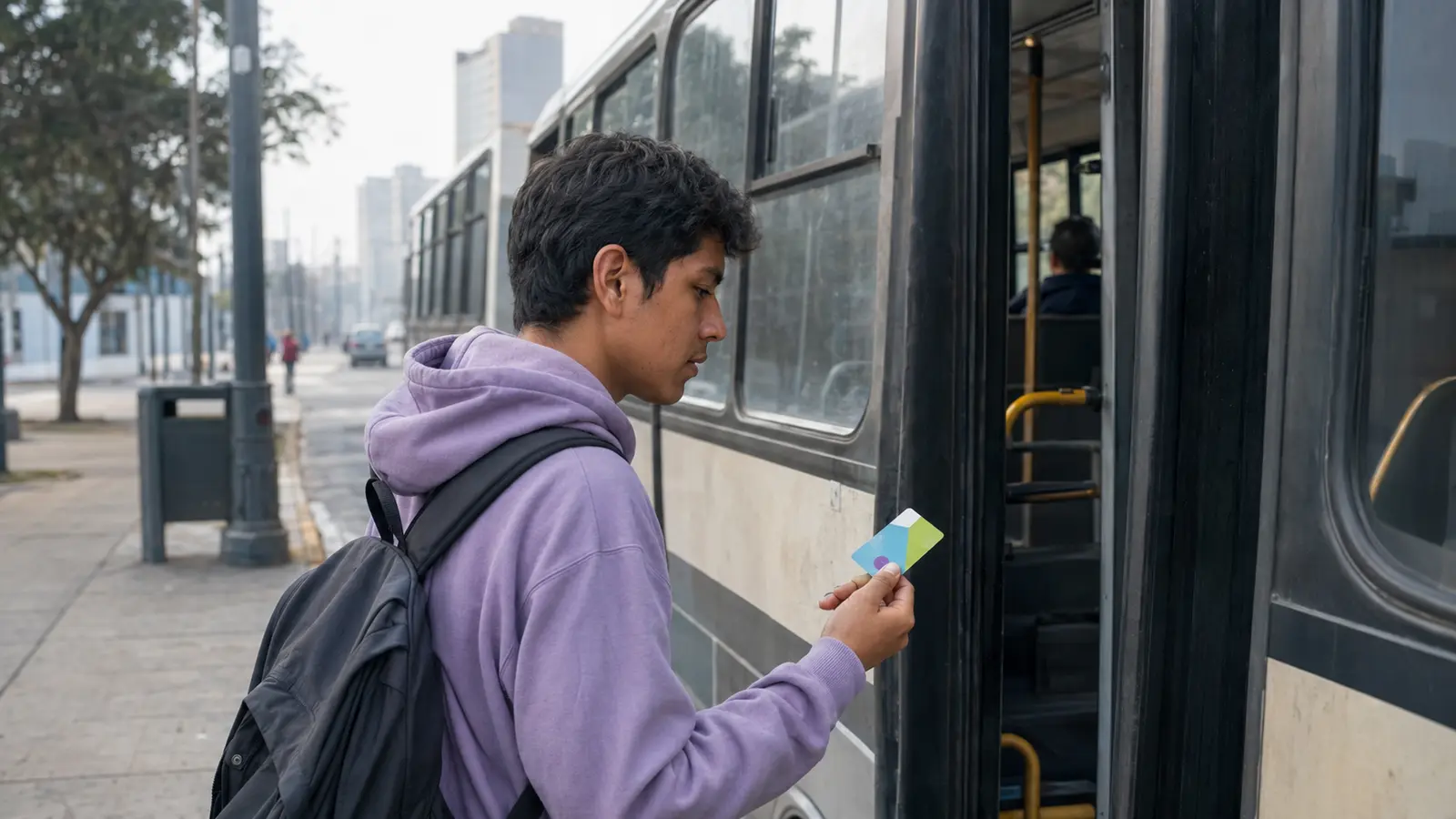 Estudiante mostrando un carné universitario ilustrativo junto a un bus