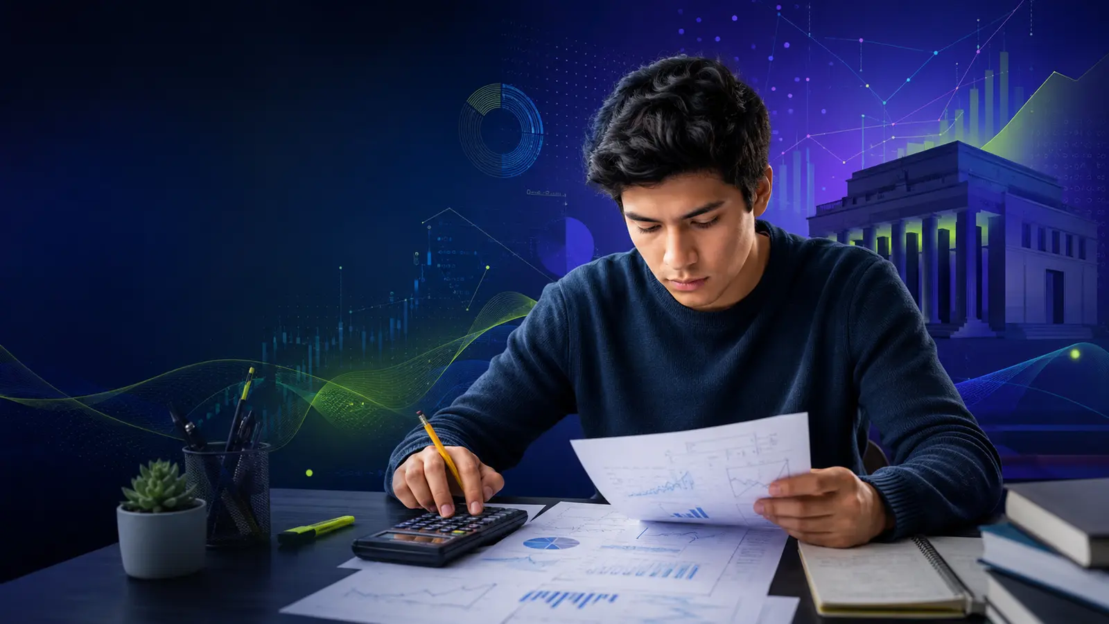 Estudiante practicando un examen de economía y finanzas