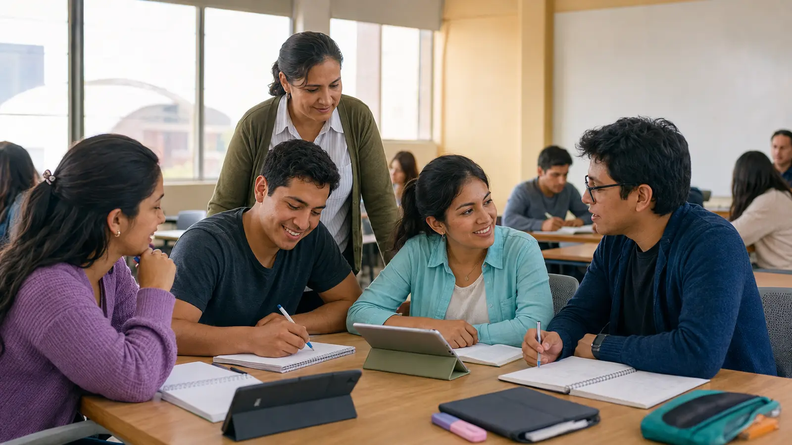 Estudiantes de educación colaborando en un aula