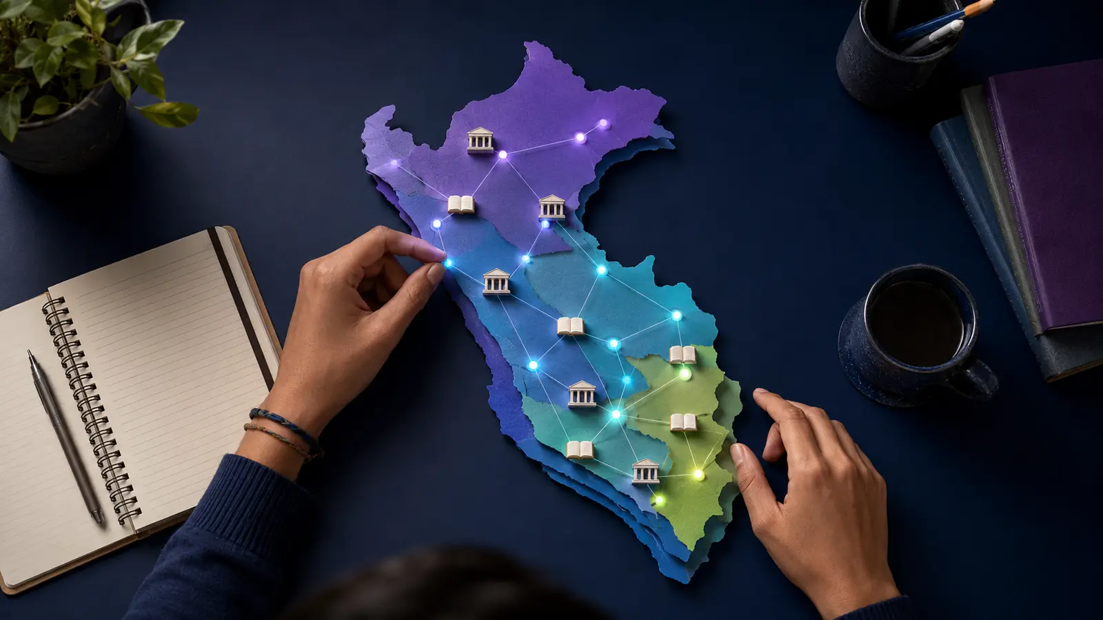 Mapa ilustrativo del Perú conectado con centros educativos