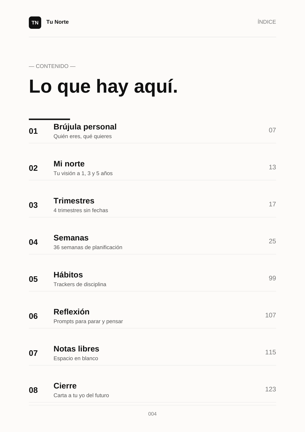 Índice del planner Tu Norte